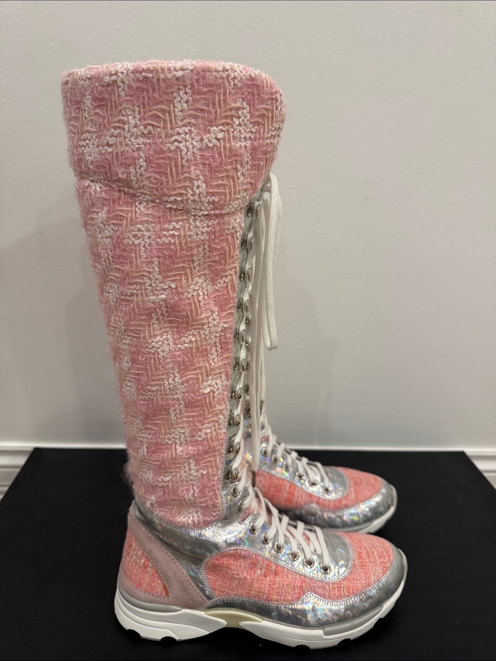 CHANEL Runway 2014 Paris Supermarket Pink Tweed Knee High Boots 37 Rare